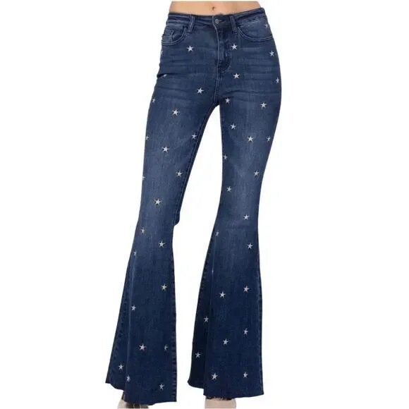 NWT Judy Blue Star Embroidered Super Flare High Rise Dark buy Wash Jeans